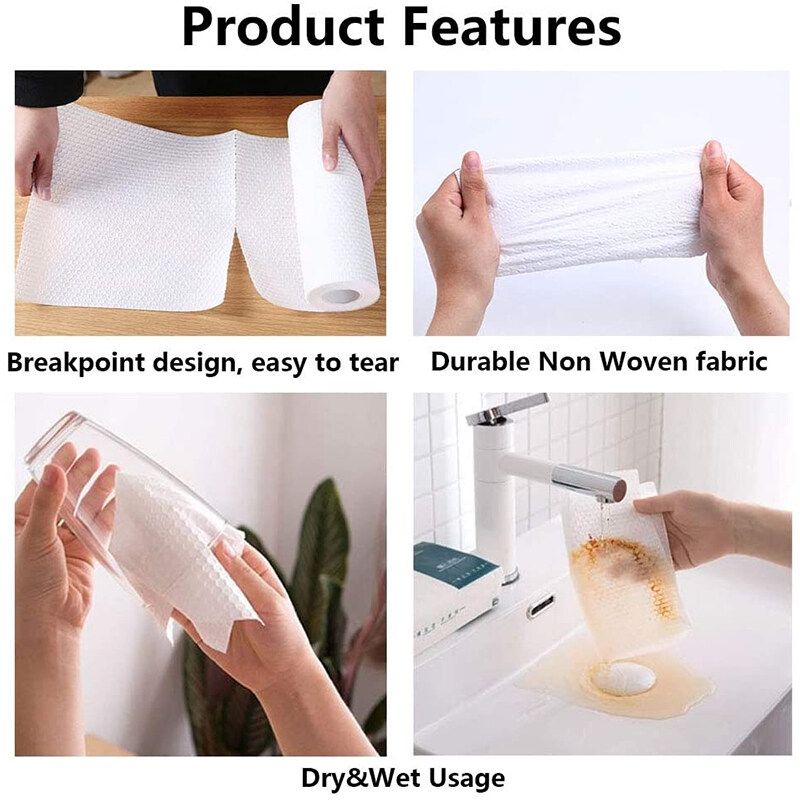 50 Sheets Non-woven Cloth Sackcloth Lazy Rag Dry And Wet Kitchen Paper Towel Roll Paper Absorbent Oil And Water Absorption Clean Stove/ Tableware/ Wok White