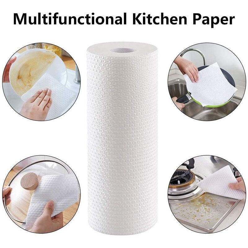 50 Sheets Non-woven Cloth Sackcloth Lazy Rag Dry And Wet Kitchen Paper Towel Roll Paper Absorbent Oil And Water Absorption Clean Stove/ Tableware/ Wok White