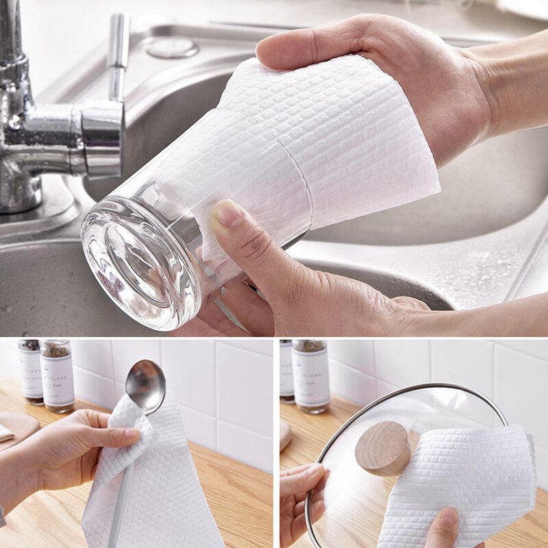50 Sheets Non-woven Cloth Sackcloth Lazy Rag Dry And Wet Kitchen Paper Towel Roll Paper Absorbent Oil And Water Absorption Clean Stove/ Tableware/ Wok White