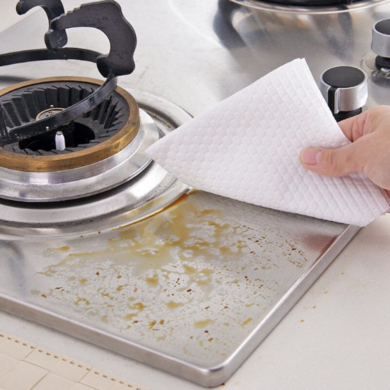 50 Sheets Non-woven Cloth Sackcloth Lazy Rag Dry And Wet Kitchen Paper Towel Roll Paper Absorbent Oil And Water Absorption Clean Stove/ Tableware/ Wok White