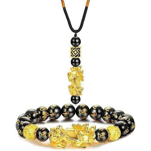 Feng Shui Pixiu Black Obsidian Wealth Bracelet Necklace Set