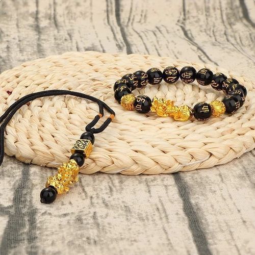 Feng Shui Pixiu Black Obsidian Wealth Bracelet Necklace Set