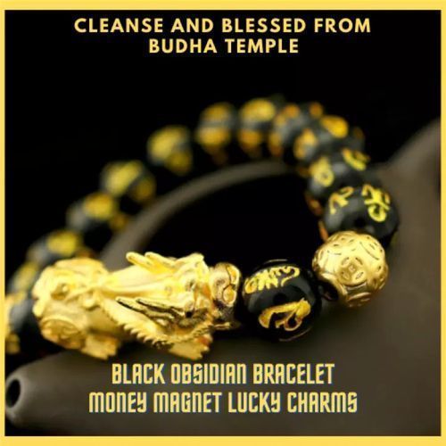 Feng Shui Pixiu Black Obsidian Wealth Bracelet Necklace Set