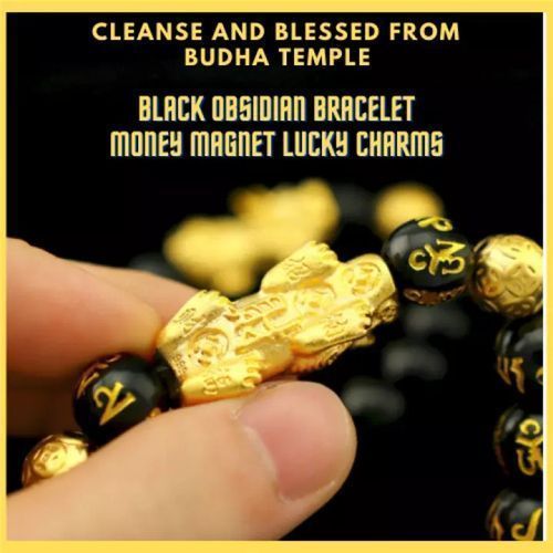 Feng Shui Pixiu Black Obsidian Wealth Bracelet Necklace Set