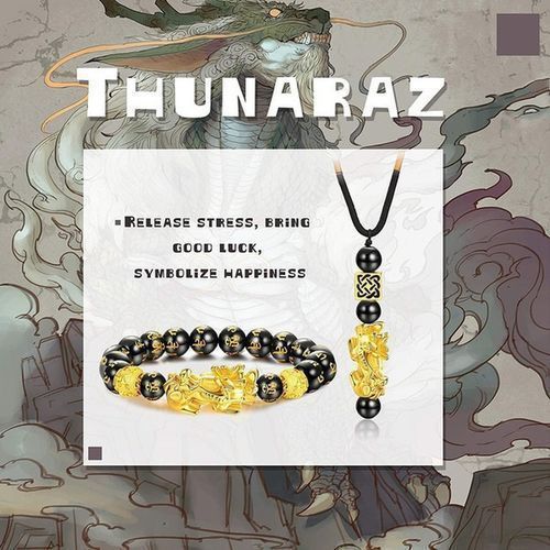 Feng Shui Pixiu Black Obsidian Wealth Bracelet Necklace Set