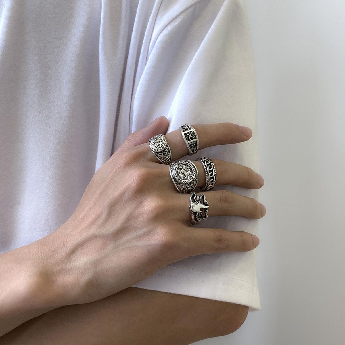 5Pcs Set Rings Finger Jewelry Vintage Men Rings Silver