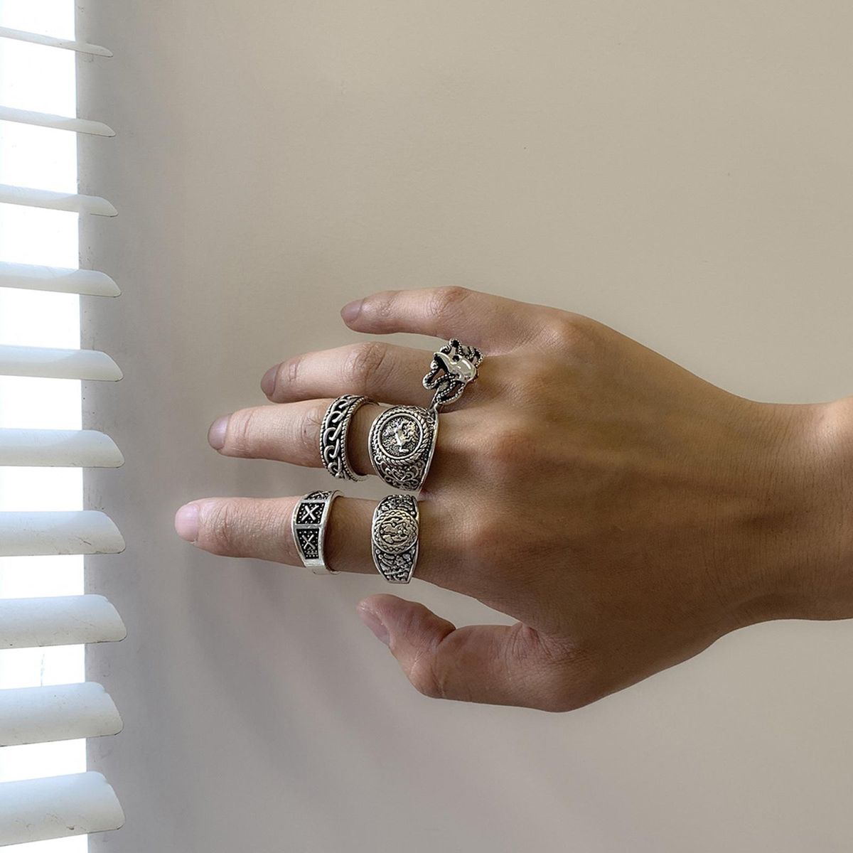 5Pcs Set Rings Finger Jewelry Vintage Men Rings Silver