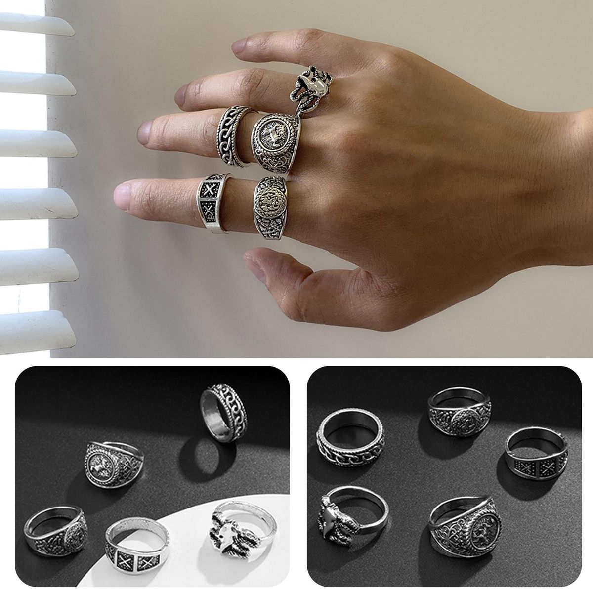 5Pcs Set Rings Finger Jewelry Vintage Men Rings Silver