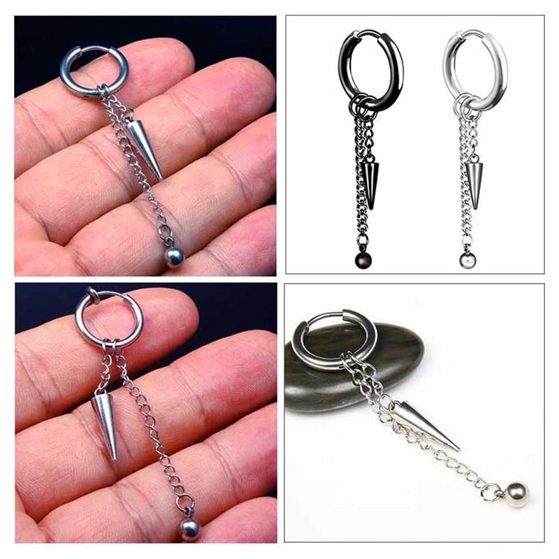 1Pc Men Fashion Long Chain Ear Piercing Loop Clip-Black