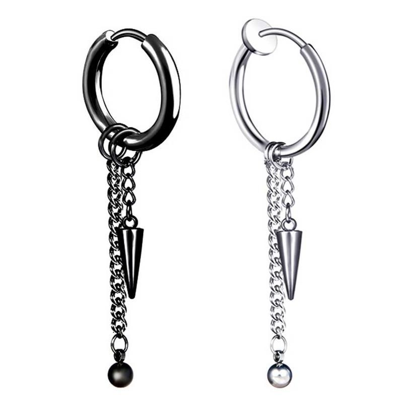 1Pc Men Fashion Long Chain Ear Piercing Loop Clip-Black