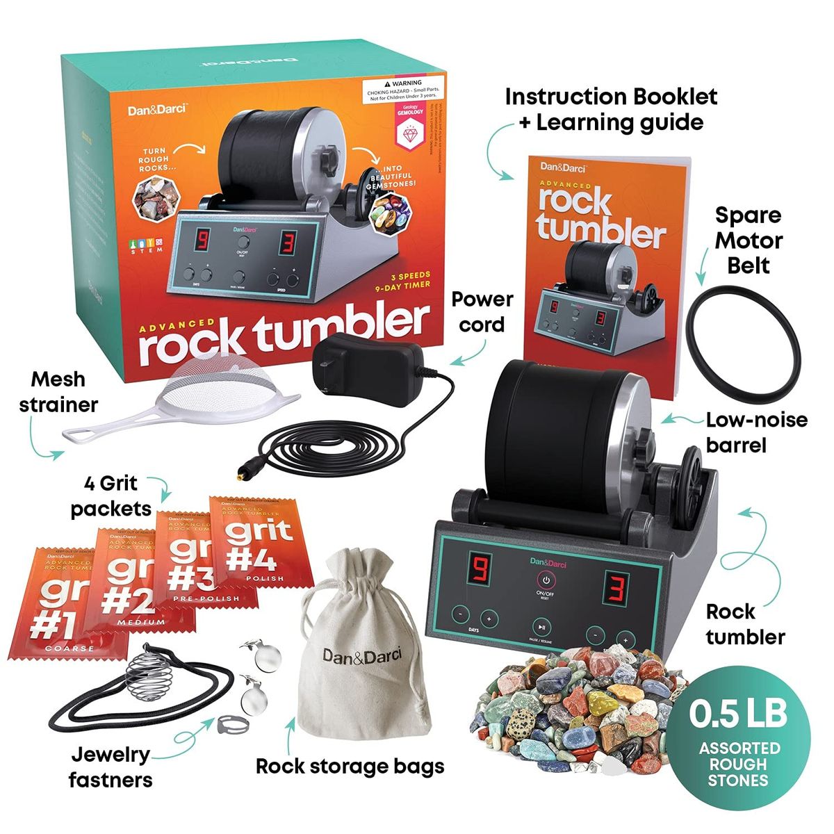 Advanced Professional Rock Tumbler Kit - With Digital 9-Day Polishing Timer, 3 Speed Settings