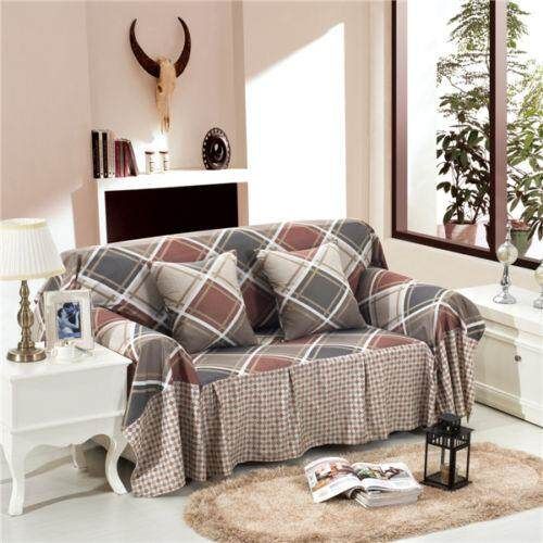 Nice Checked Linen Blend Slipcover Sofa Cover Pet Protector # Two Seater 2 Seater (double Seat)