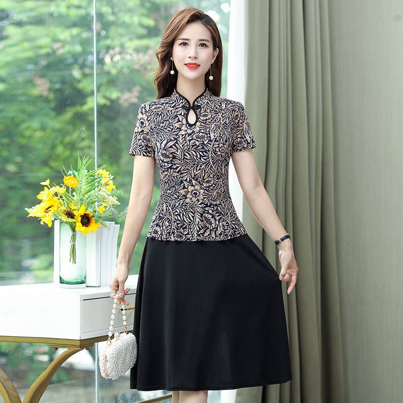2021 New Flag Robe Fake Two-piece Dress Middle-aged Mothe