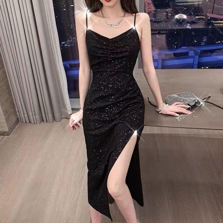 2022 French Hepburn Style Sexy Sequin Sling Dress Female Temperament Sexy Slit Little Black Dress Mid-Length
