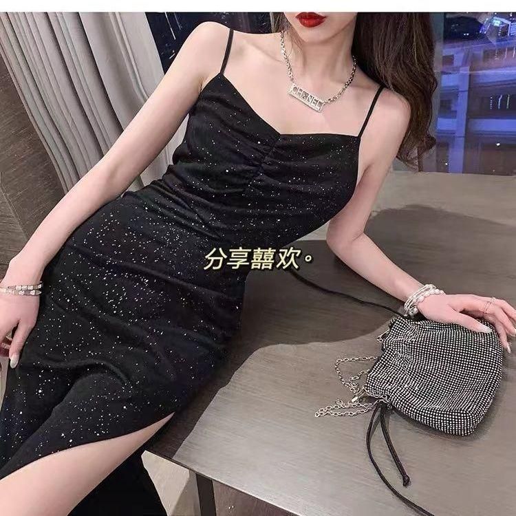 2022 French Hepburn Style Sexy Sequin Sling Dress Female Temperament Sexy Slit Little Black Dress Mid-Length