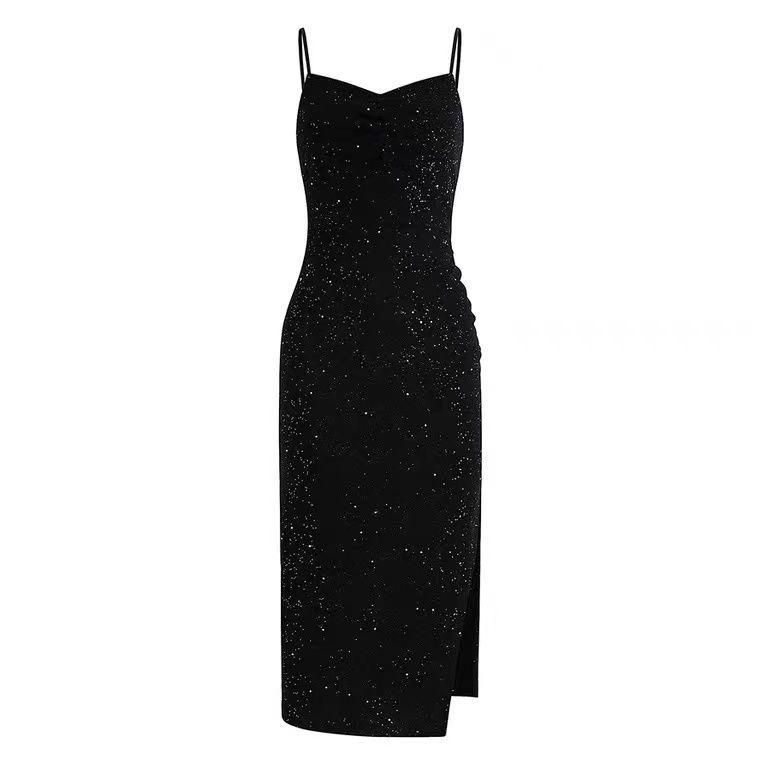 2022 French Hepburn Style Sexy Sequin Sling Dress Female Temperament Sexy Slit Little Black Dress Mid-Length
