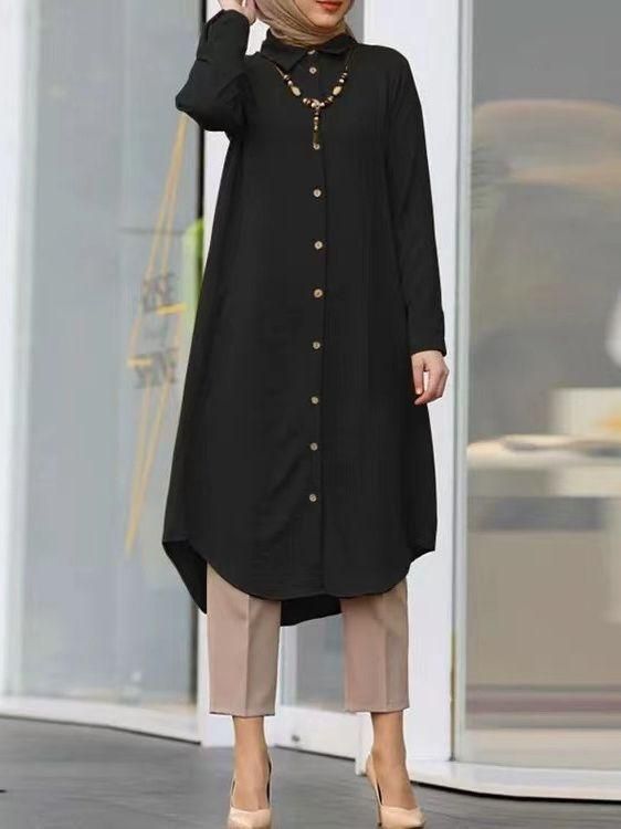 New Middle East European and American Muslim Women's Wear Lapel Casual Button Long Sleeve Shirt Sleeve Women's Dress