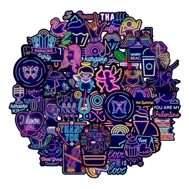 50 Pcs Neon Stickers Anime Cute Vsco Neon Light Sticker To
