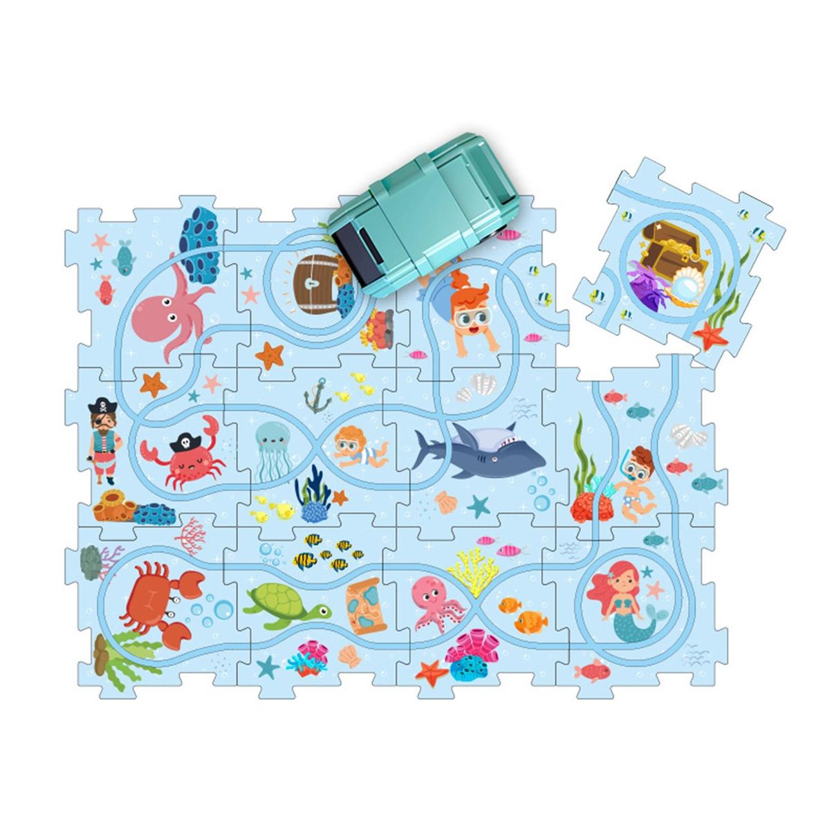 Racing Adventure Toy City Map Puzzle Rail Car Set Exciting for Kids Light Blue