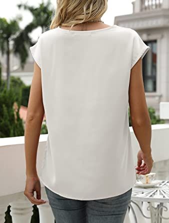 Women's Cap Short Sleeve Satin Top V-neck Silk Blouse Loose Fit Shirt Off-White