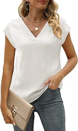 Women's Cap Short Sleeve Satin Top V-neck Silk Blouse Loose Fit Shirt Off-White