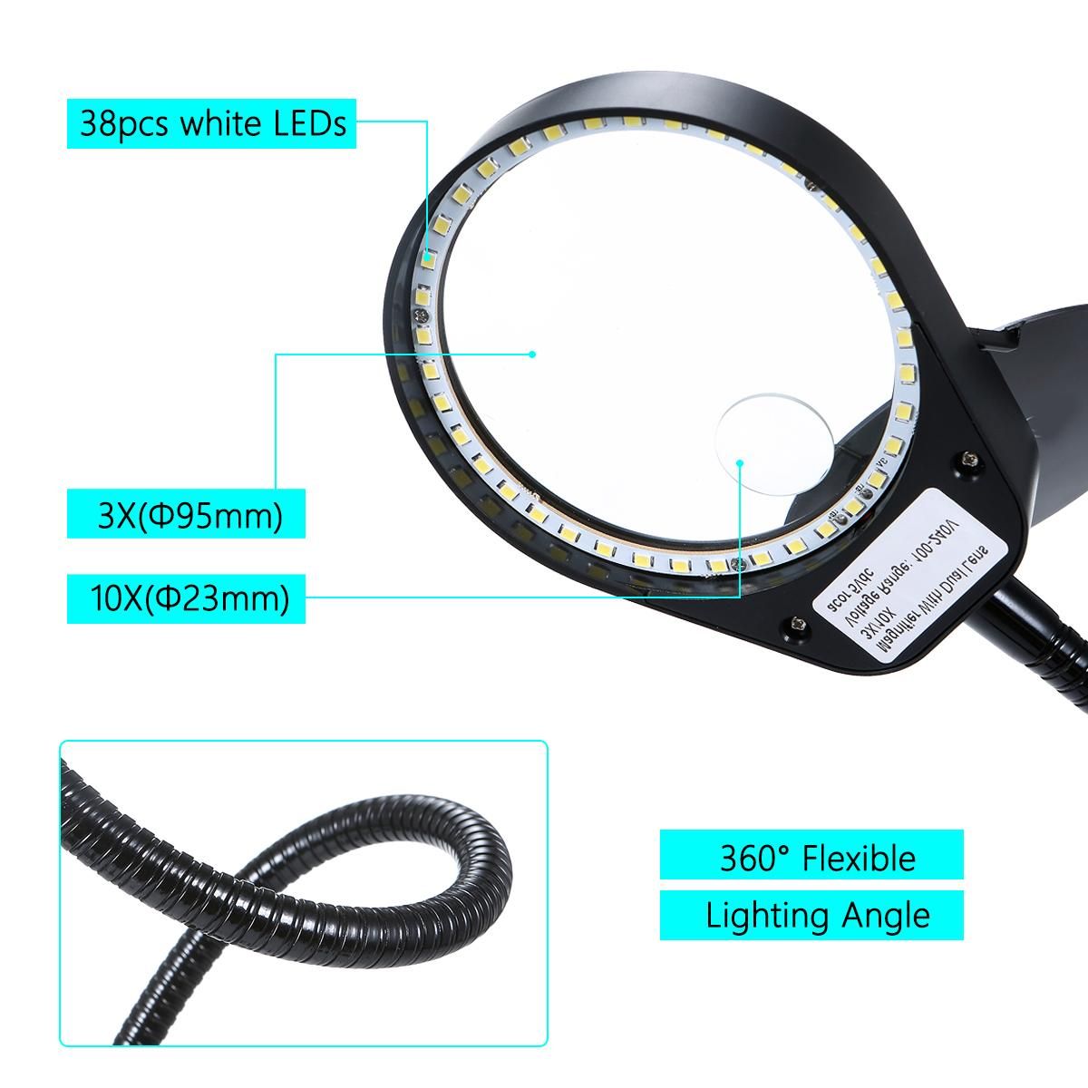 Tomshine 3X/10X Magnifying Glass Lamp with Metal Clamp Ultra Bright 38LEDs White Lighted Dimmable Desk Light Flexible Gooseneck for Reading Crafts Workbench Close Work