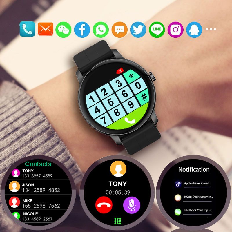 Smart Watch Women Full Touch Screen Fitness Tracker IP67 Waterproof Bluetooth Call Round Smartwatch Men For Android IOS MI Phone(#black Add Strap)
