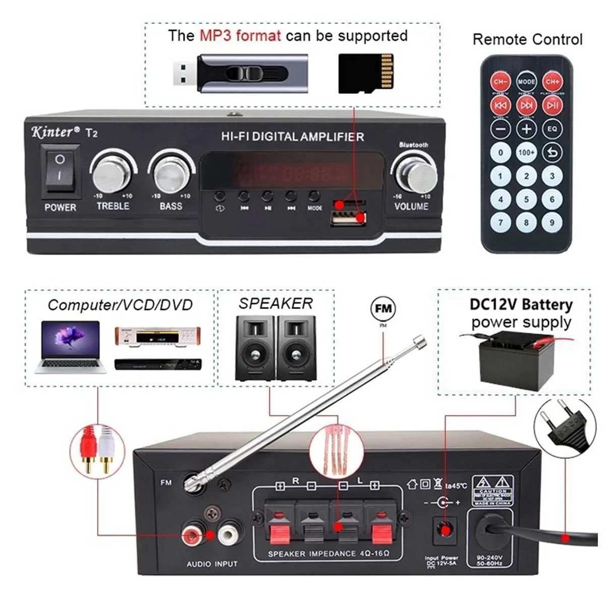800W HIFI Bluetooth Power Amplifier Car Home Theater Digital Power Audio Amplificador for Speaker Treble Bass Control FM USB SD