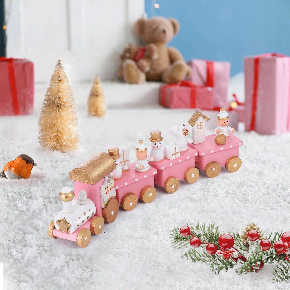 Wooden Train Desktop Party Mini Toy Small Christmas Toddler Dining Room Table Decor