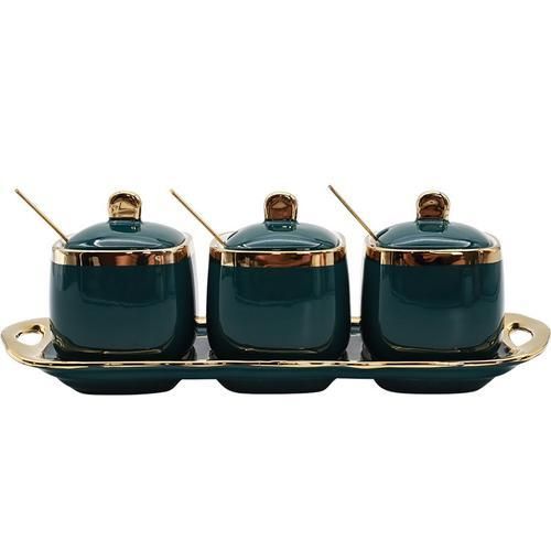 Ceramic Condiment Spice Jars Set Bottle Luxury Golden Salt Sugar Tea Container Storage Jar Household Cooking Kitchen Tool