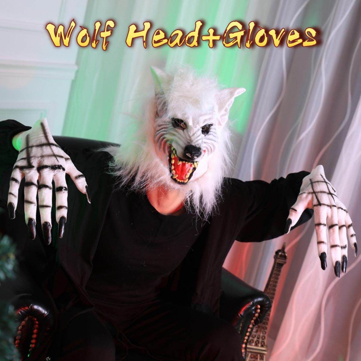 2019 White Latex Rubber Wolf Head Hair Werewolf Scary Holloween Cosplay