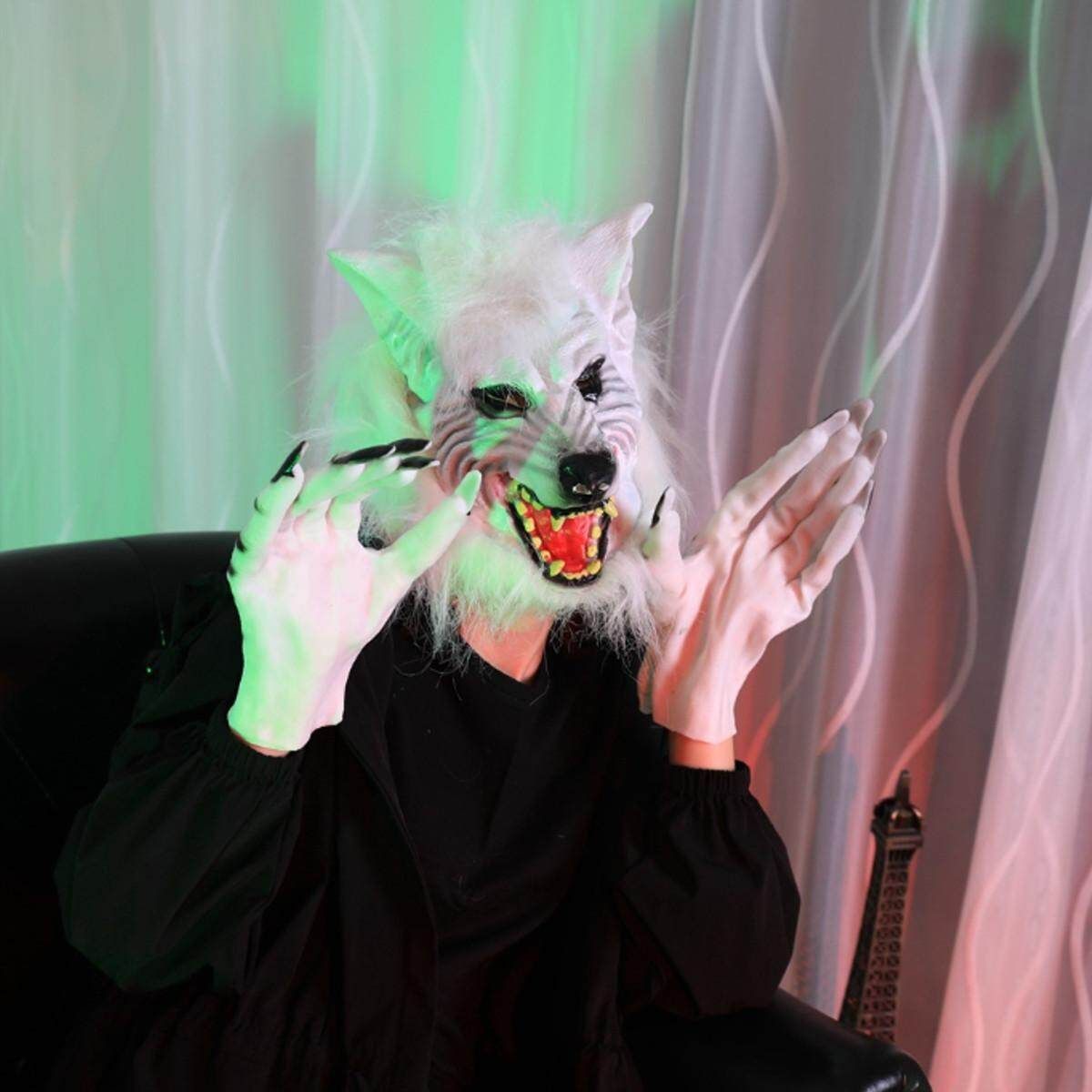 2019 White Latex Rubber Wolf Head Hair Werewolf Scary Holloween Cosplay
