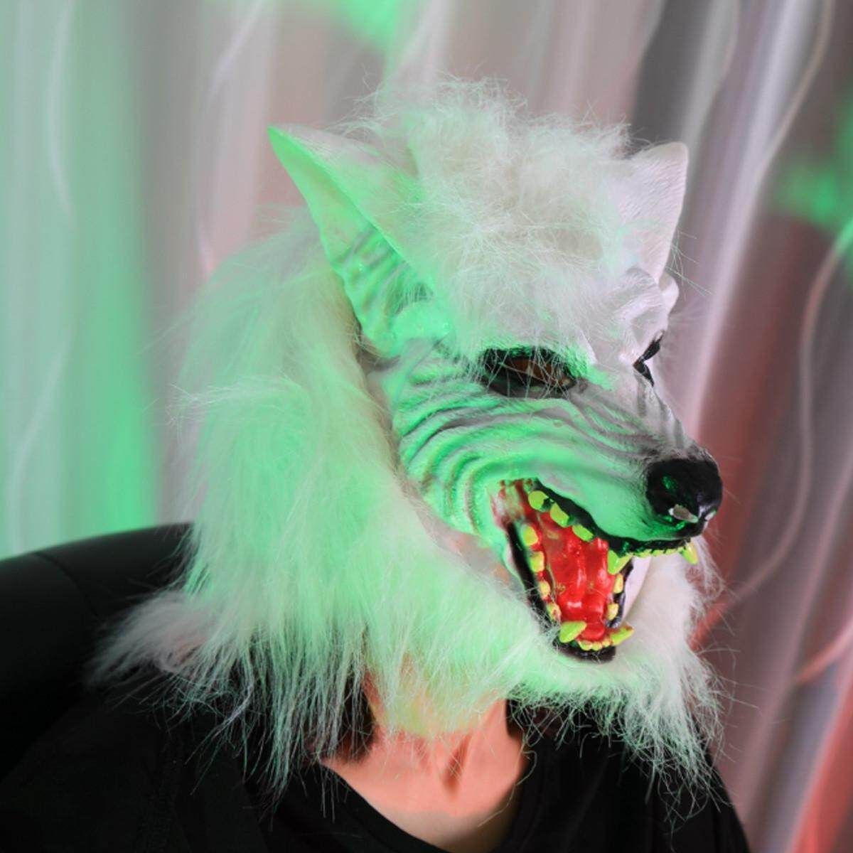 2019 White Latex Rubber Wolf Head Hair Werewolf Scary Holloween Cosplay