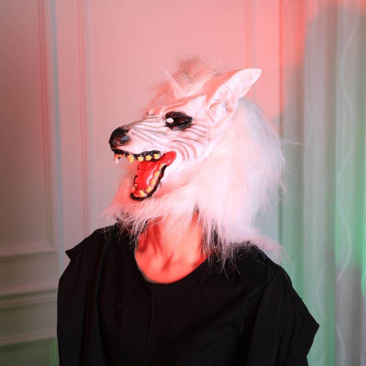 2019 White Latex Rubber Wolf Head Hair Werewolf Scary Holloween Cosplay