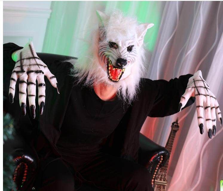 2019 White Latex Rubber Wolf Head Hair Werewolf Scary Holloween Cosplay