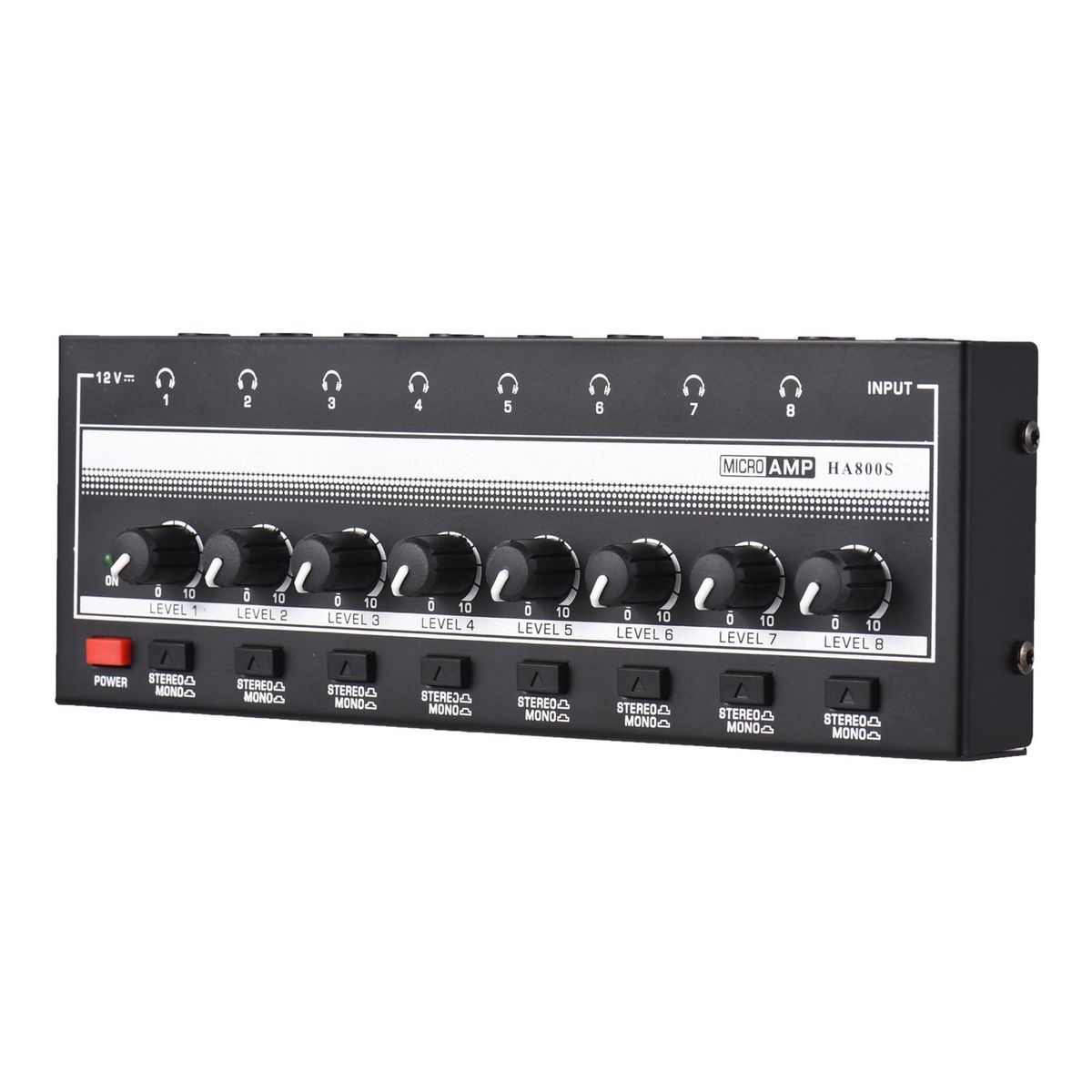 HA800S Headphone Amplifier 8 Channels Mono/Stereo Metal Stereo Headphone Amps Audio Amp. Ultra-compact 8-Channel Mini Audio Stereo Microphone AMP. with Power Adapter
