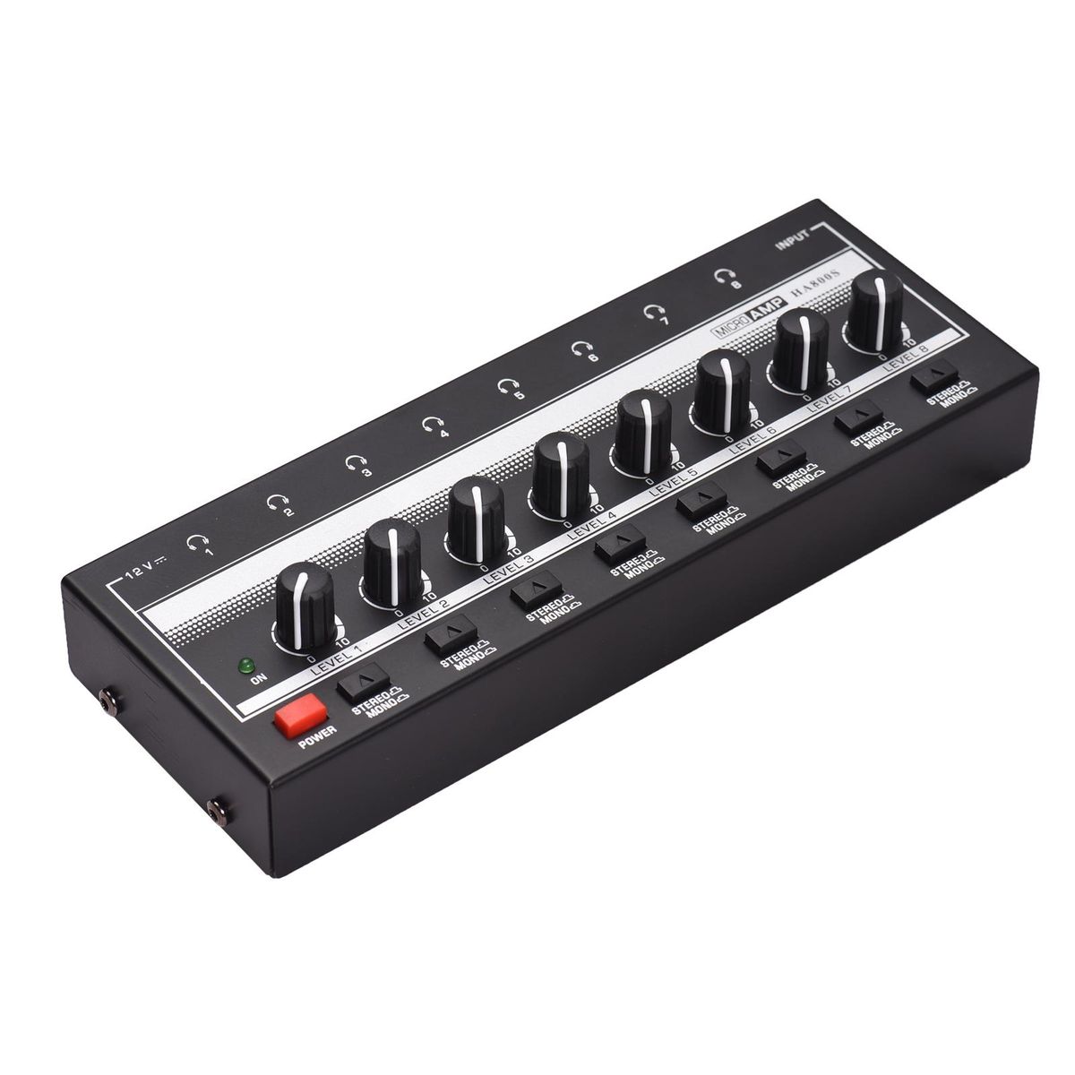 HA800S Headphone Amplifier 8 Channels Mono/Stereo Metal Stereo Headphone Amps Audio Amp. Ultra-compact 8-Channel Mini Audio Stereo Microphone AMP. with Power Adapter