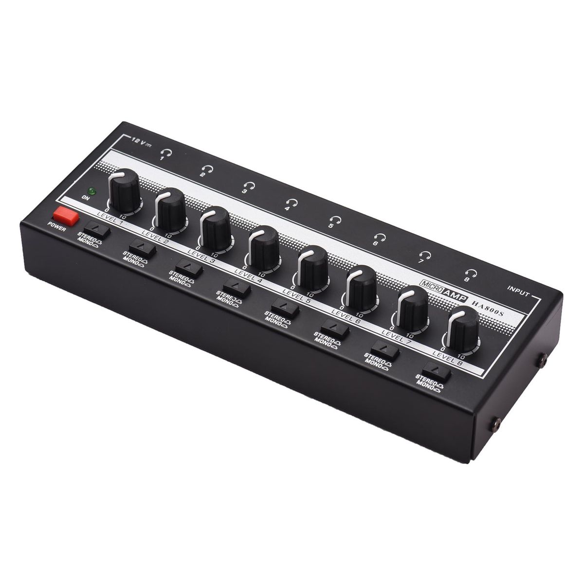 HA800S Headphone Amplifier 8 Channels Mono/Stereo Metal Stereo Headphone Amps Audio Amp. Ultra-compact 8-Channel Mini Audio Stereo Microphone AMP. with Power Adapter