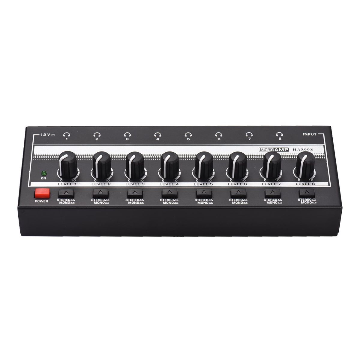 HA800S Headphone Amplifier 8 Channels Mono/Stereo Metal Stereo Headphone Amps Audio Amp. Ultra-compact 8-Channel Mini Audio Stereo Microphone AMP. with Power Adapter