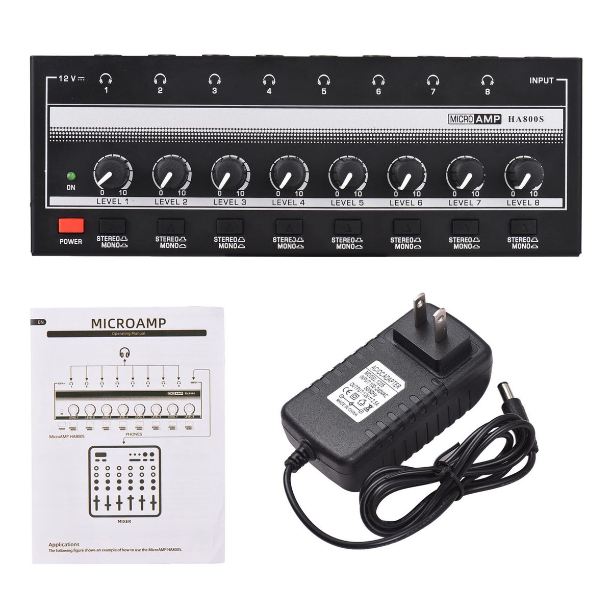 HA800S Headphone Amplifier 8 Channels Mono/Stereo Metal Stereo Headphone Amps Audio Amp. Ultra-compact 8-Channel Mini Audio Stereo Microphone AMP. with Power Adapter