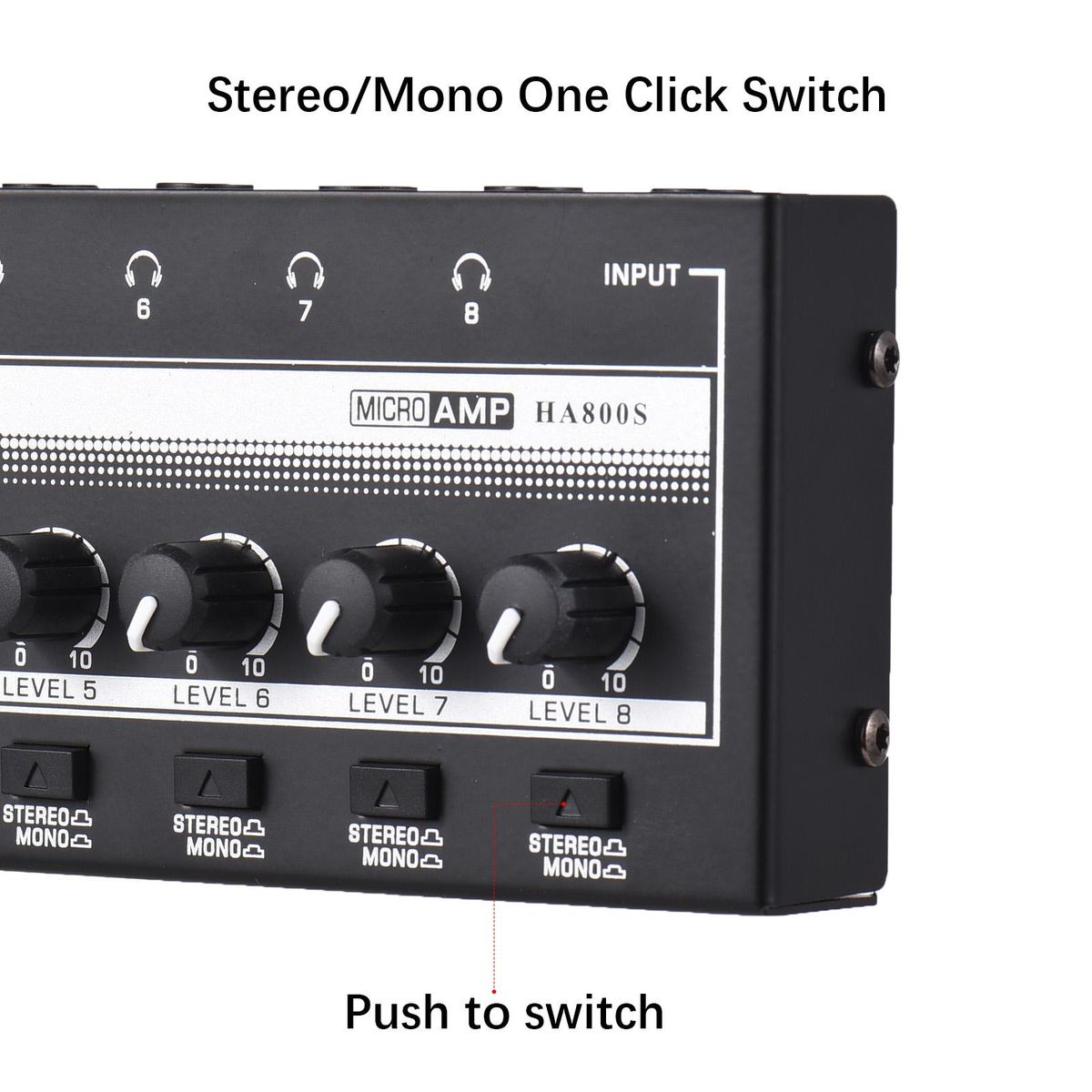 HA800S Headphone Amplifier 8 Channels Mono/Stereo Metal Stereo Headphone Amps Audio Amp. Ultra-compact 8-Channel Mini Audio Stereo Microphone AMP. with Power Adapter