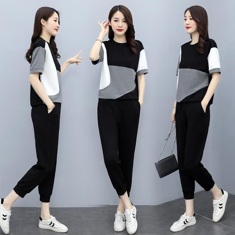 Summer New Korean Style Fashion Casual Set Women's Loose Youthful-Looking Short Sleeve Thin Ice Silk Sports Two-Piece Set