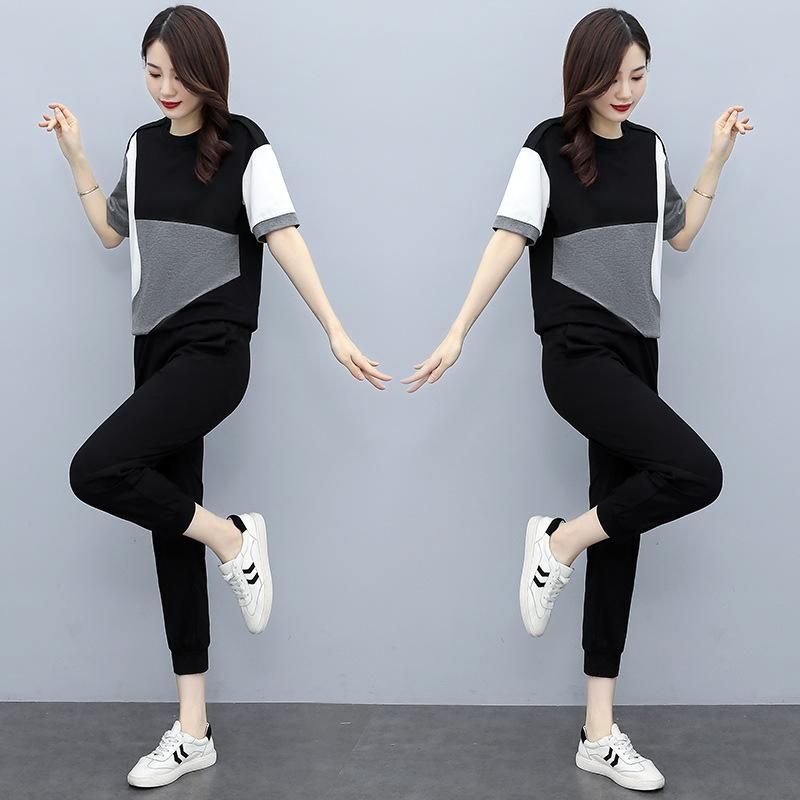 Summer New Korean Style Fashion Casual Set Women's Loose Youthful-Looking Short Sleeve Thin Ice Silk Sports Two-Piece Set