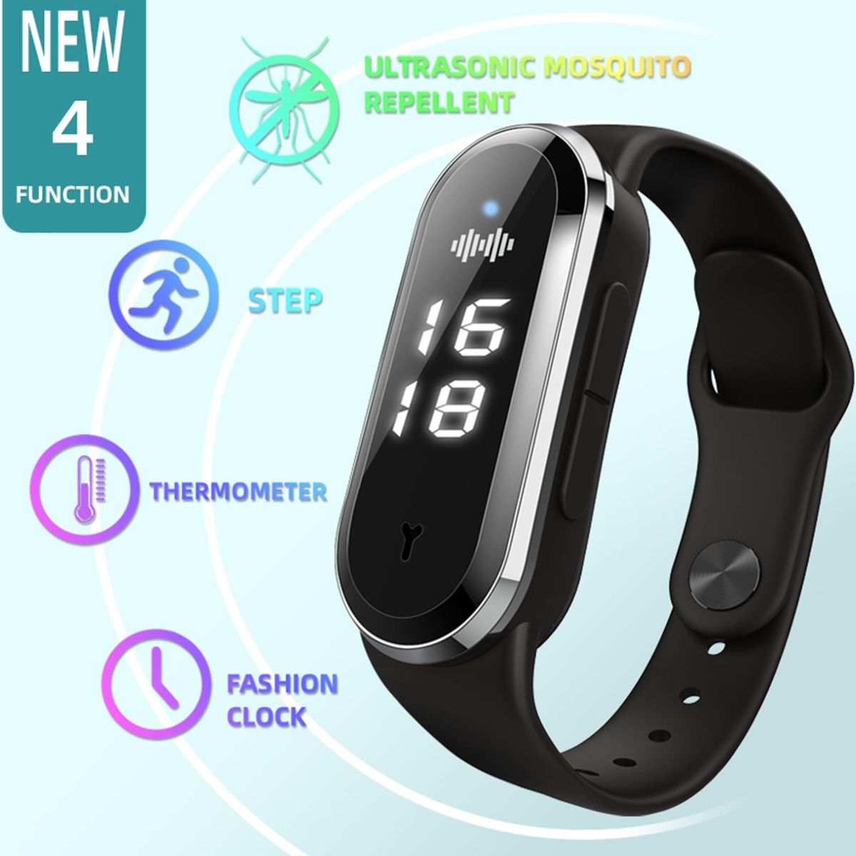 Ultrasonic Mosquito Repellent Bands Non-Toxic Deet Free Bug Insect Repellent Band Reusable Long Protection Support Clock Step Counting Temperature Measurement