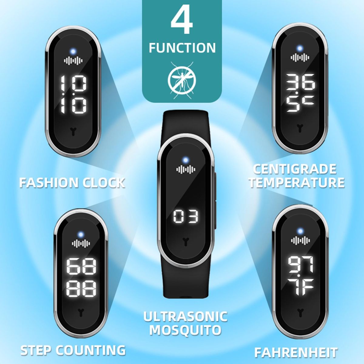 Ultrasonic Mosquito Repellent Bands Non-Toxic Deet Free Bug Insect Repellent Band Reusable Long Protection Support Clock Step Counting Temperature Measurement