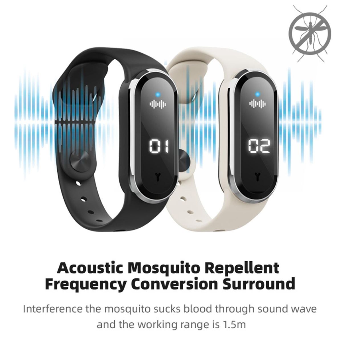 Ultrasonic Mosquito Repellent Bands Non-Toxic Deet Free Bug Insect Repellent Band Reusable Long Protection Support Clock Step Counting Temperature Measurement