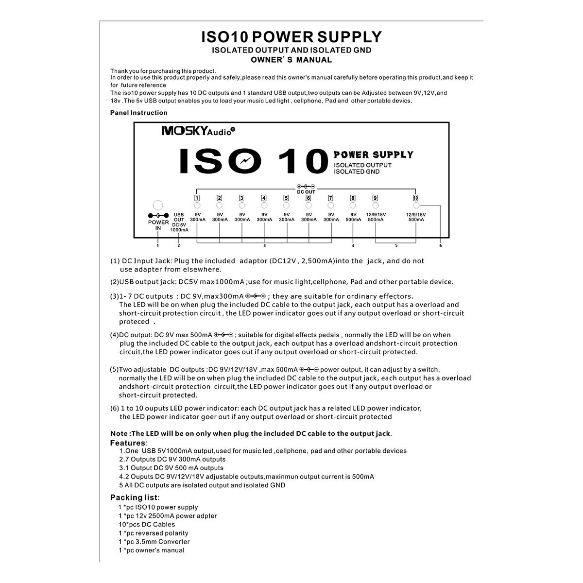 -10 Guitar Effect Pedal Power Supply 10 Isolated DC