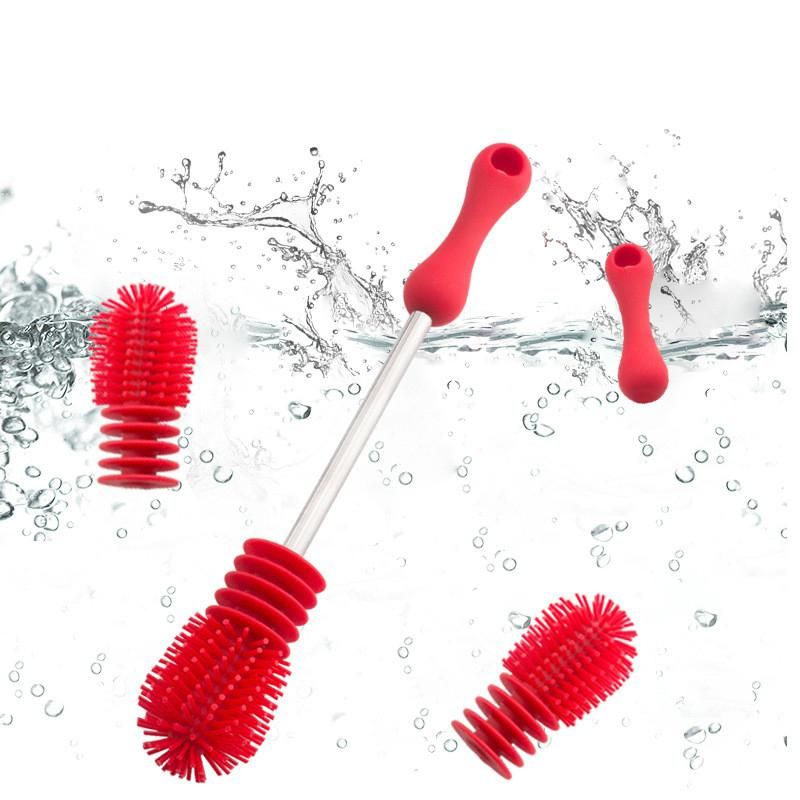 Creative Multifunctional Silicone Bottle Brush Baby Silicone Bottle Cleaner Unique Design Baby Bottle Scrubbing Silicone Cleaning Tool Baby Bottle Brush Long Handle Cup Brush - Red