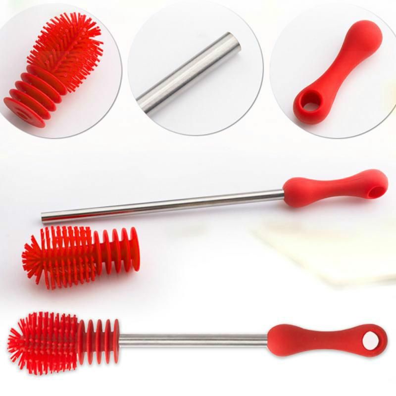 Creative Multifunctional Silicone Bottle Brush Baby Silicone Bottle Cleaner Unique Design Baby Bottle Scrubbing Silicone Cleaning Tool Baby Bottle Brush Long Handle Cup Brush - Red