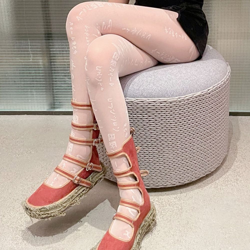 Women Punk Lettering Hight Tights Stocking Japanese Print Knitted Tights Knitted Fishnet Stockings Tattoo Pattern Pop Sock Style2 White